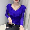 Suéter de Punto con Cuello en V para Mujer con Diseño de Volantes y Pedrería Estación Europea 2025 Otoño e Invierno Nuevo Delgado y Elegante Camiseta Básica