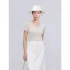 "Rocío Blanco" Jersey de Punto de Manga Corta Ajustado de Una Pieza Sin Costuras Yangzi 100% Lana con Cuello en V y Prenda de Punto Debajo