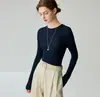 Suéter ajustado de cuello redondo 100% lana para mujer, nueva camiseta base de punto de manga larga para otoño e invierno, color liso, suéter simple y versátil
