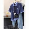 Camiseta Polo Xadrez com Bordado de Filhote Estilo Retrô Americano, Manga Curta, para Mulheres, Verão 2025, Nova, Top com Costura Falsa de Duas Peças