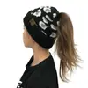 Chapéu de tricô com estampa de leopardo para rabo de cavalo, outono e inverno 2020 AliExpress, chapéu de tricô cacheado quente para mulheres com padrão CC, chapéu de lã