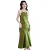 Vestido de Acetato de Alta Moda Vestido Halter de Satén para Mujer Verano Cuello Halter Sedoso Color Sólido Vestido Largo para Socialités