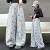 Pantalones de chándal grises para niños con estampado de gato tipo graffiti dibujado a mano, nuevo estilo de otoño para niñas, cintura elástica con cordón, pantalones casuales curvos
