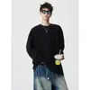 Camiseta masculina de gola redonda com listras caneladas, manga longa, estilo americano relaxado e preguiçoso, descolada, bonita, pulôver solto, camada base