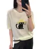 Camiseta de Tricô Respirável com Bordado de Desenho Animado e Manga Curta em Seda Gelada para Mulheres, Novo Design de Verão com uma Gola Redonda Única