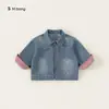 Roupa Infantil Bangxuan Jaqueta para Meninos Primavera e Outono Nova Camisa Costurada com Gola Reversível Manga Longa Roupa Jeans Top para Meninas
