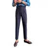 Estilo Verão Masculino Slim Fit Moda Cor Sólida Cintura Alta Calças Cropped Elegante Casual Business Estilo Italiano Calças Tendência com Fivela para Homens