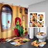 Juego de cortina de ducha impermeable con temática de Grinch, incluye cuatro piezas: cortina de ducha de poliéster, juego de baño impermeable y resistente al moho, y alfombrilla de baño
