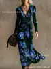 Vestido Transfronteiriço Novo Estilo com Decote em V e Mangas Longas com Elementos de Impressão Digital 3D, Saia Fashion e Personalizada para Marcar a Cintura para Mulheres