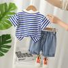 Traje de verano para niños 2023, nuevo traje para niños, traje de verano para bebés, rayas, dinosaurio pequeño, manga corta, elegante y a la moda.