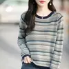Sudadera de nuevo estilo holgada, top de punto a rayas de manga larga para principios de otoño, hilo de algodón, talla grande, capa interior de bloques de color, hombros caídos, colorido