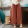 Pantalones de Verano Vintage 2026 Finos Bordados de Nueve Cuartos Estilo Étnico Pantalones Casuales para Mujer Pierna Ancha Sueltos de Algodón y Lino Pantalones de Moda