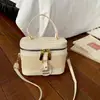 Bolsa Pequena Caixa de Tecido Suave Estilo Coreano Acabamento em Couro de Cor Contrastante Pingente Redondo Alça de Mão Ombro Transversal Uso Duplo Bolsa de Moda