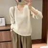 Suéter de punto gofre con cuello en V y manga larga para mujer 2026 Otoño/Invierno Nuevo Estilo Coreano Adelgazante Holgado Top de Capa Base