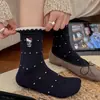 Calcetines Casuales de Otoño e Invierno para Mujer con Bordado de Corazón tipo Sobre, Calcetines de Media Caña Estilo Retro Dulce Japonés, Versátiles Calcetines Holgados a Rayas