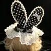Pinza para el pelo de encaje con puntos negros y blancos estilo japonés, orejas de conejo, lindo lazo, pasador lolita, pequeño sombrero, accesorio para el pelo para mujer