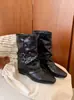 Botines Cortos para Mujer Apilados de 5 cm de Altura Interior Otoño Invierno Retro Punta Cuadrada Hebilla Plisados Botas Vaqueras Adelgazantes para Petite