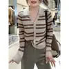 Suéter de punto de manga larga a rayas con cuello polo, cárdigan de otoño para mujer, nuevo estilo coreano 2026, top adelgazante y elegante