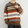 Suéter Tricô Listrado Color Block Retrô Tendência Masculino Estilo Hong Kong Solto Versátil Pulôver Suéter Casual Roupa Masculina