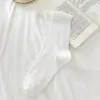 Meias Arrastão para Primavera e Verão Femininas, Meias de Renda de Algodão Estilo Ins, Meias Longas Brancas Puras Meia-Panturrilha com Laço, Branco Leitoso