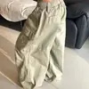 Calça cargo cáqui com múltiplos bolsos e adornos de strass para homens e mulheres, calça larga solta estilo retrô americano para outono com cintura elástica e pregas