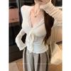 Suéter de malha com decote em V e renda, manga comprida, feminino, primavera e outono, novo top coreano slim fit com alça de orelha