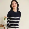 Nuevo Tejido de Punto Básico para Mujer de Algodón, Cuello Redondo, Manga Larga, Media Longitud, Rayas, Simple y Versátil, Holgado, Casual