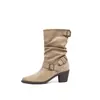 Novas Botas de Cano Curto Brancas com Salto Grosso e Bico Fino Estilo Britânico Fivela Botas Martin Elegantes Meio da Panturrilha Franzidas Outono/Inverno 2026
