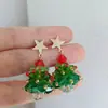Brincos de botão de cristal com contas de árvore de Natal tridimensional de indústria pesada, laço vermelho, clip de orelha, brincos doces feitos à mão, acessórios