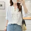 Especial Otoño Nuevo Llegada Tallas Grandes 100kg Elegante Con Cordones Adorno de Volantes Camisa Top Casual 0844