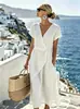 Vestido cruzado de color liso con cuello en V para mujer, estilo europeo y americano, estilo vacacional con cintura de amarre y falda fluida de longitud media