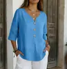 Camisa de Botones Casual Holgada de Algodón y Lino de Manga Tres Cuartos, Color Sólido, Nueva, Transfronteriza, Disponible en Stock, Botón de Amazon Europeo y Americano