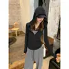 Jaqueta Cardigan com Capuz Quadrada Retro Americana Cintura Marcada Emagrecedora Zíper Duplo Top Versátil Feminino Primavera/Outono