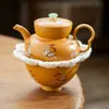 Tetera de Cerámica de Arcilla Púrpura Dorada del Fabricante para Una Persona, Set de Té Portátil para Viaje, Portátil para Exteriores