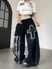 Calça Estilo Gótico Retrô Americano com Cruz e Cimitarra para Homens e Mulheres Primavera e Outono Tie-dye Casual Solta Esportiva Perna Larga Longa