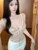 Camiseta de Manga Corta de Encaje con Lazo y Escote en V Puramente Atractiva para Mujer, Top Sexy de Verano Semi-Transparente Ajustado con Lazo en la Espalda, Top Elegante