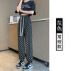 Calças Xadrez Leggings Seda Gelo Femininas Verão Finas Cintura Alta Xadrez Preto e Branco Slim Versátil Casual Soltas Calças Esportivas