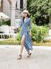 Vestido Cruzado de Verano con Patrón de Cuadrícula Azul Cuello POLO Encanto Simple y Generoso Manga Elegante de Siete Puntos Vestido con Cordones