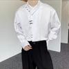 Camisa de Manga Larga con Cuello de Botón Metálico Estilo Chino de Moda Nacional para Hombres y Mujeres Camisa Holgada de Jacquard Satinado Yuppie para Parejas