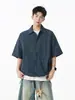 Camisa a Cuadros Azul Real Plisada Estilo Americano de Manga Corta para Hombres y Mujeres, Camiseta de Corte Limpio, Tres Dimensional, Corta, Ancha, con Cordón, Serie Miu