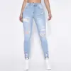 Jeans Feminino Transfronteiriço Europeu e Americano da Amazon, Modelagem Skinny, Rasgado, Sexy, Cintura Alta, Calça Jeans Stretch em Estoque
