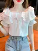 Blusa Fruncida Estilo Francés para Mujer, Diseño de Verano con Cordón Único, Top de Gasa con Mangas Abullonadas de Nicho