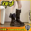 Botas de Couro de Cano Alto com Solado Grosso Estilo Duas Vias de Nicho Botas de Equitação Moda Feminina Estilo Coreano Fivela Botas de Motocicleta Emagrecedoras Botas Longas