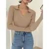 Nova moda outono V-neck polo malha t-shirt para mulheres, adequado para primavera e outono, estilo coreano, manga longa, slim-fit, top base de comprimento curto