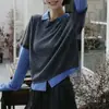Tricô Bloco de Cor Falso Duas Peças 2026 para Mulheres Outono Inverno Novo Manga Longa Gola Lapela Suéter Top Retrô para o Dia a Dia Tendência