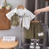 Traje de Verano para Niño 2025 Nuevo Camisa Patchwork Oblicuo para Niños de Manga Corta Estilo Coreano Set de Tres Piezas Dropshipping