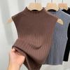 Colete de Tricô para Mulheres 2025 Nova Moda Gola Alta Canelado Camisa Base Sem Mangas Top Acinturado