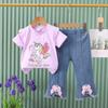 Novo Estilo Roupas de Verão Infantis para Meninas Desenho Animado Padrão Fofo Camisa de Manga Curta + Calça Jeans com Laço Conjunto de Duas Peças Atacado