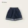 Frete Grátis Roupas Infantis Verão Azul Escuro Shorts para Meninas Modelagem Justa Versátil Shorts Curtos Casuais Infantis Barra Dobrada Jeans para Crianças Grandes