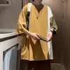 Camiseta de manga corta para hombre 2023 Nuevo estilo japonés Verano Holgada Combinación de colores Manga de cinco cuartos Moda Versátil Camiseta para Estudiante Pareja